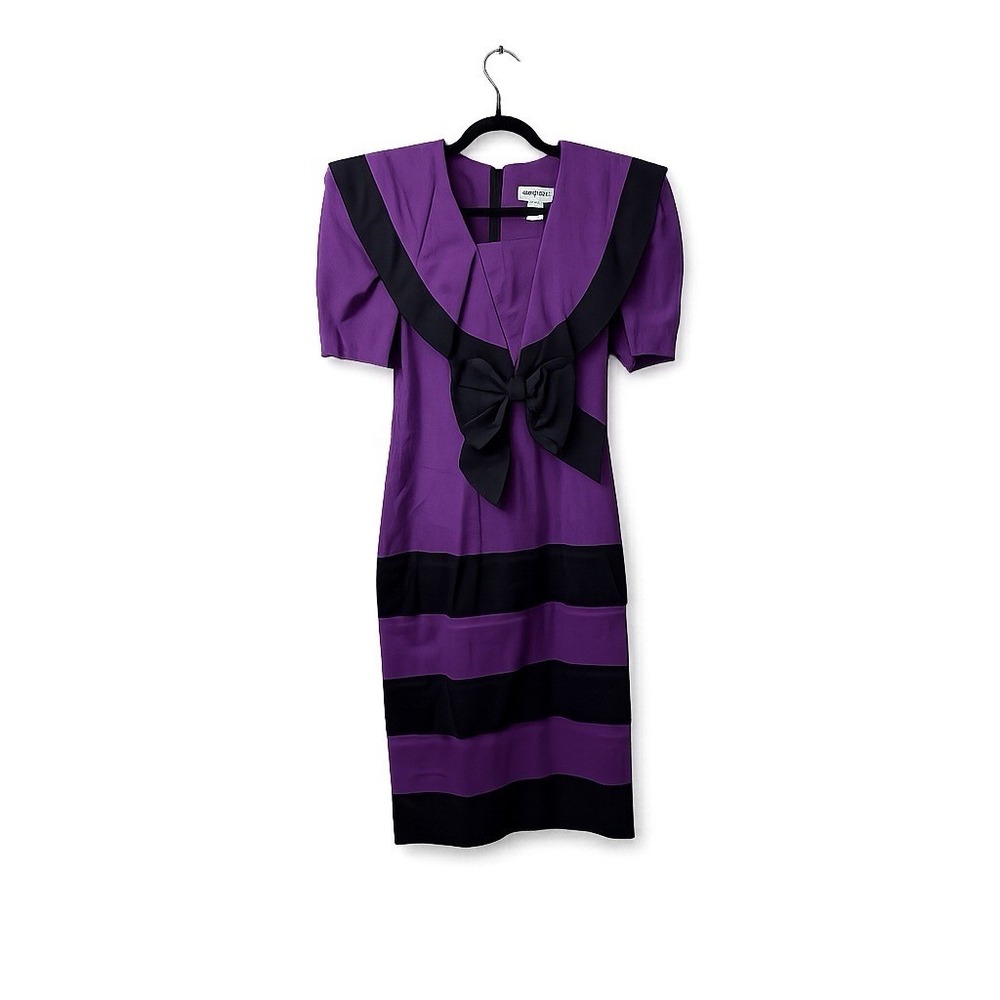 Leslie Lucks Vintage Purple Black Bow Dress Size 4 Retro 80s Colorblock Sheath
